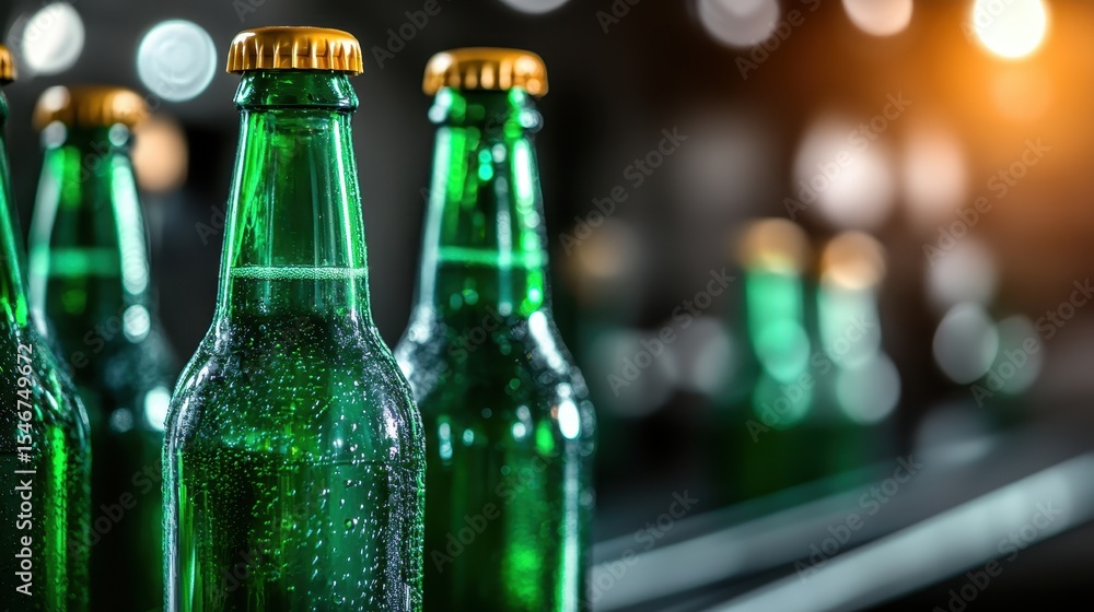Poster a detailed close-up image showcases several green bottles glistening with droplets, creating a capti