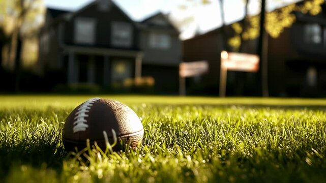 Closeup of american football on lawn with suburban homes in background at sunset