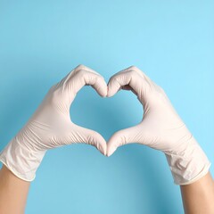 Obraz premium Hand in medical gloves in shape of heart on blue background