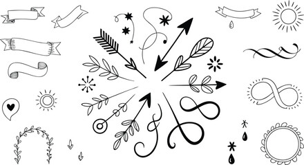 Black and White Hand Drawn Arrows Floral Elements Banners Sun