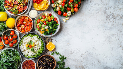 Assortment of healthy food dishes. Top view. Free space for your text.