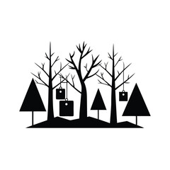 Winter Forest Silhouette with Hanging Boxes Vector Illustration