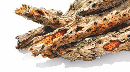 Fototapeta premium Watercolor Illustration of Jatamansi Bark (Nardostachys jatamansi) – Aromatic Medicinal Bark Segments on White Background