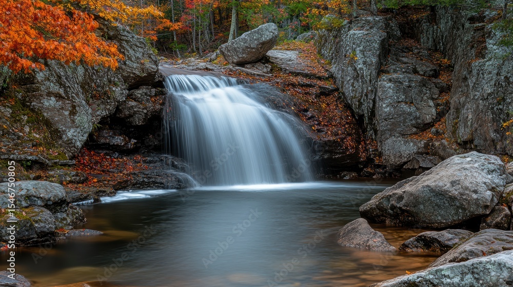 Poster serene waterfall cascading over rocks into a calm pool, surrounded by vibrant autumn foliage.