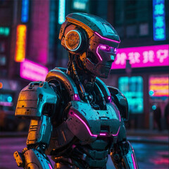 Cyberpunk Style Robot in Neon Cityscape