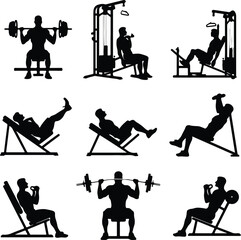 Workout Icons Silhouette Collection – Bodybuilding & Exercise Poses Gym Workout Pose Icon Silhouette Set – Fitness Action Vector Pack