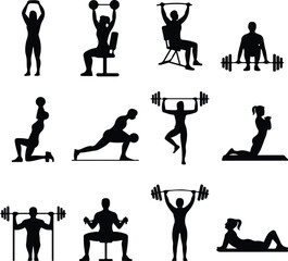 Workout Icons Silhouette Collection – Bodybuilding & Exercise Poses Gym Workout Pose Icon Silhouette Set – Fitness Action Vector Pack