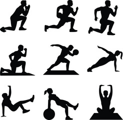Workout Icons Silhouette Collection – Bodybuilding & Exercise Poses Gym Workout Pose Icon Silhouette Set – Fitness Action Vector Pack
