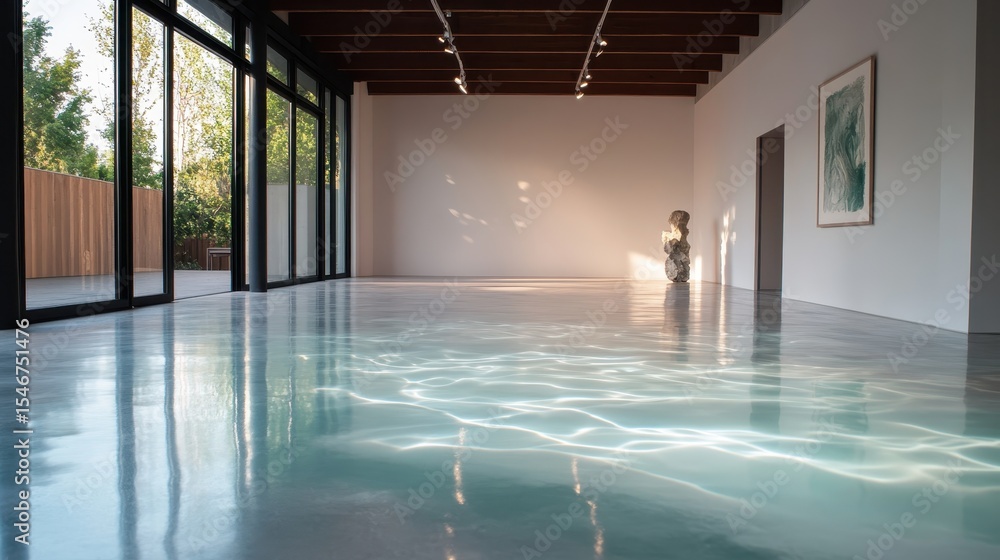 Poster a beautifully designed modern gallery space features polished floors reflecting light, creating a tr