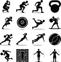Workout Icons Silhouette Collection – Bodybuilding & Exercise Poses Gym Workout Pose Icon Silhouette Set – Fitness Action Vector Pack