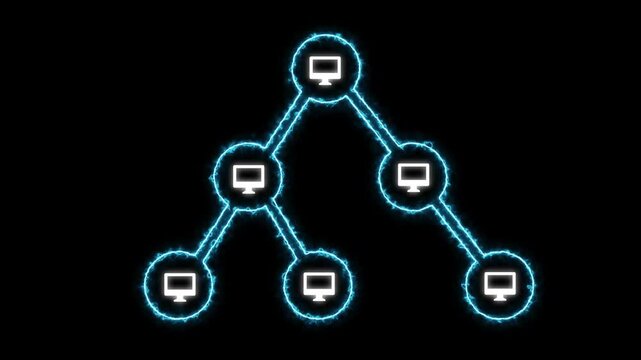 Neon Tree Network Topology with Computer Icons, Futuristic Hierarchical Network Structure and Digital Technology Concept