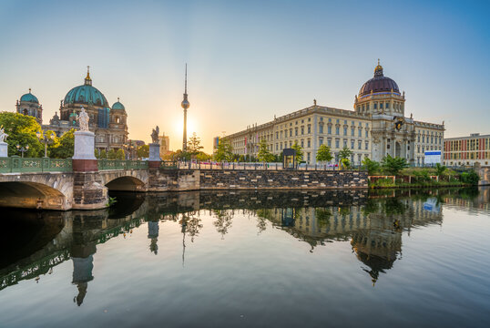 Dome of the Humboldt Forum and Berlin cathedral at sunrise. Germany