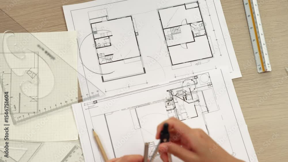 Poster video of clever architect or smart engineer using measurement tool and divider hand writing detail o