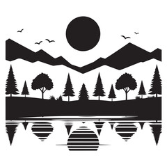 Minimalist Mountain Landscape with Trees Silhouette