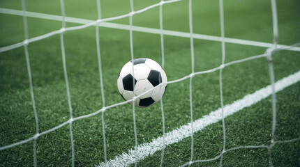 soccer ball in goal with green background