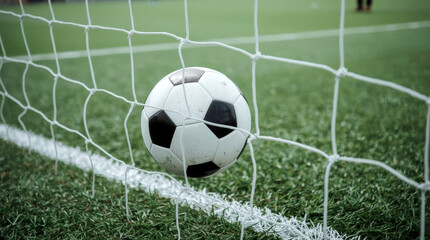 soccer ball in goal with green background