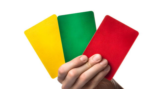 Hand Holding Yellow Green Red Cards isolated on a transparent background - Powered by Adobe