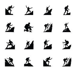 Mountain Climber Silhouettes in Active Hiking and Summit Poses – Adventurous Trekking Scenes with Backpack, Poles, and Steep Rock Terrain
