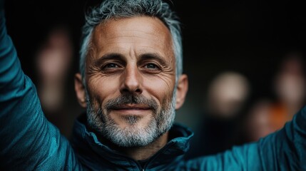 Obraz premium The image showcases a smiling man in a blue jacket, radiating positivity and confidence, capturing the essence of human emotion and charisma against a softly blurred background.