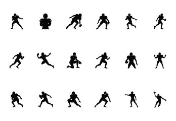 American Football Player Silhouettes in Action Poses Collection on White Background – Sports Athlete Set Running, Throwing, Tackling and Catching Ball
