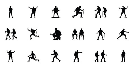 Hiking and Trekking Silhouettes of Backpackers in Various Outdoor Adventure Poses – Walking, Climbing, Pointing and Resting with Sticks and Backpacks