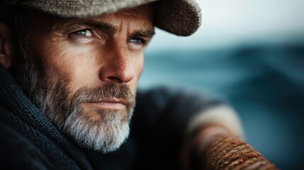 A close-up of a mature man with a weathered look, gazing into the distance at sea, portraying strength, experience, and the contemplative nature of life and adventure.