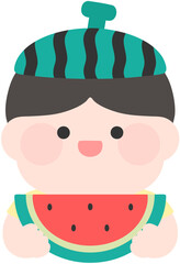 여름 여름방학 유치원 어린이집 수박모자 수박 먹는 어린이 얼굴합성도안 일러스트