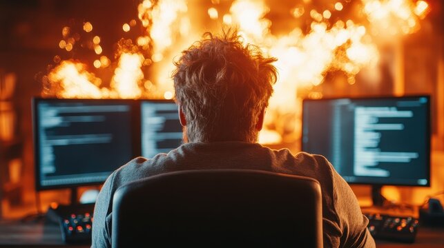 A chilling image depicting a computer hacker at work amidst an inferno, illustrating the world of cybercrime and the intensity of hacking in a dramatic visual narrative.