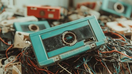 A nostalgic heap of worn cassette tapes intertwined with tangled wires evokes memories of music and technology from a bygone era steeped in creativity and expression.