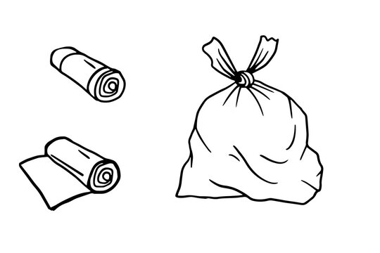 Line art illustration of trash bags and rolls, ideal for recycling guides, eco education, waste sorting posters, packaging, or cleaning product labels.
