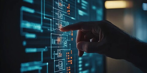 Hand interacting with a futuristic digital interface