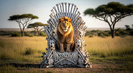 Majestic Lion Sitting on a Throne of Bones in African Savanna