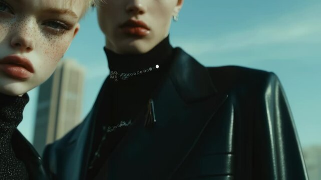 Futuristic fashion models in urban setting with bold attitude and edgy style
