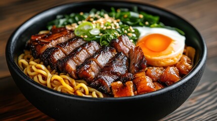 A beautifully presented bowl of ramen, featuring tender slices of pork, a perfectly cooked egg, and fresh greens, epitomizing comfort food and culinary delight.