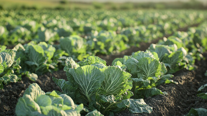 Naklejka premium cabbage plantations grow in the field. vegetable rows. farming, agriculture. Landscape with agricultural land. crops. selective focus