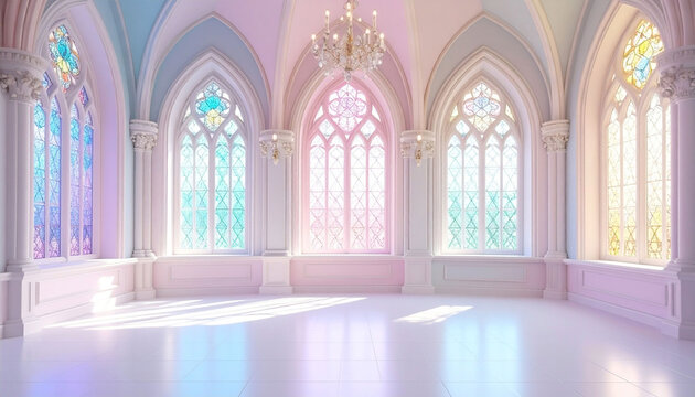 Pastel-hued Gothic chapel interior with arched windows showcasing stained glass, a chandelier, and a reflective floor.  Sunlight streams through, illuminating the space
