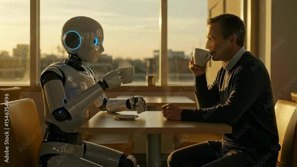 Poster caucasian man and android robot having coffee together. future of human and machine interaction conc