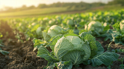 Naklejka premium cabbage plantations grow in the field. vegetable rows. farming, agriculture. Landscape with agricultural land. crops. selective focus