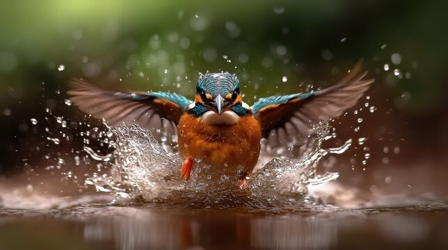 A vibrant kingfisher dives into the shimmering water, creating splashes around it, showcasing the beauty of wildlife and the elegance of these magnificent birds in action.