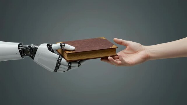 Robot artificial intelligence hand giving ancient book to caucasian woman hand showing knowledge sharing concept footage.