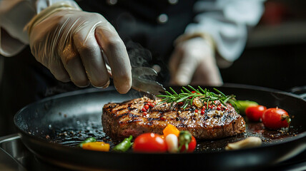 Chef in hotel or restaurant kitchen cooking only hands. Prepared beef steak with vegetable decoration.
