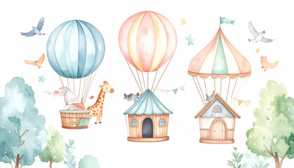 Whimsical watercolor illustration of three hot air balloons, each carrying adorable animals or a tiny house, soaring amidst birds and stars over a gentle landscape
