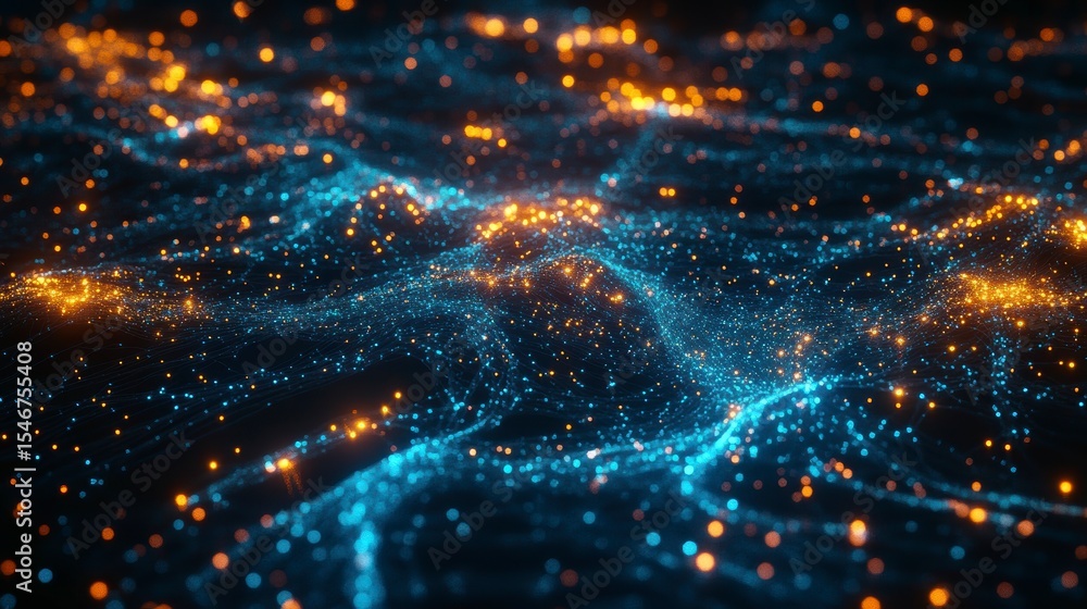 Poster abstract blue and orange particle wave background.