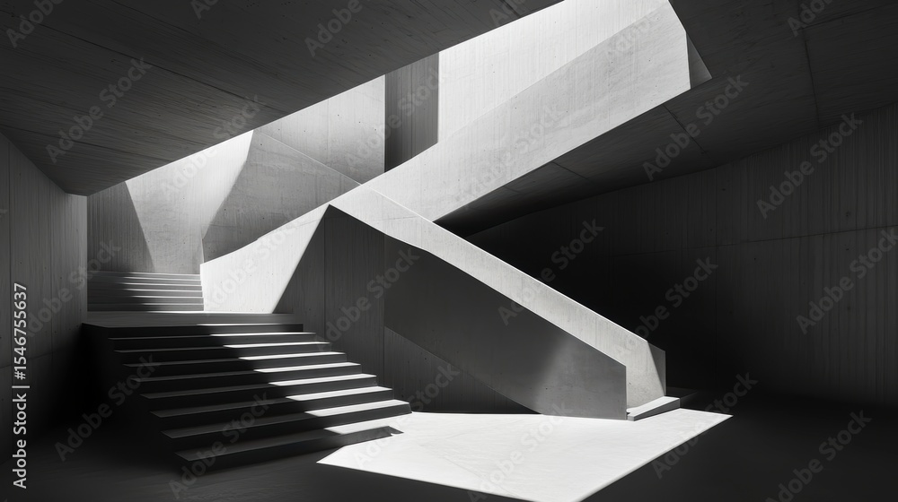 Poster abstract grayscale photo of modern architecture, showcasing interplay of light and shadow on concret