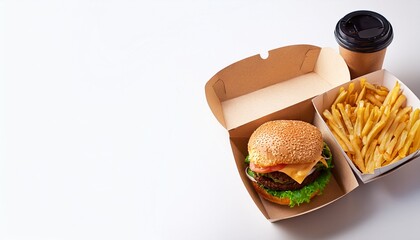 fast food takeaway meal with burger fries and drink in eco friendly packaging on white background