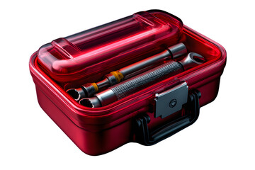 Set of toolbox items arranged in organized layers inside red case, viewed from slight top-down perspective, transparent to transparent background