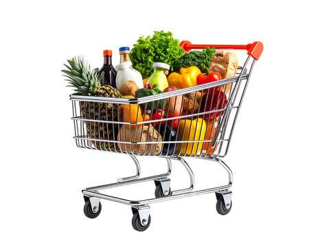 Grocery shopping cart full of fresh food healthy eating produce fruits vegetables for supermarket store png isolated on transparent packground