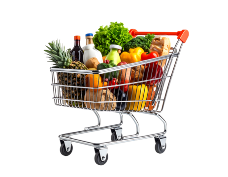 Grocery shopping cart full of fresh food healthy eating produce fruits vegetables for supermarket store png isolated on transparent packground