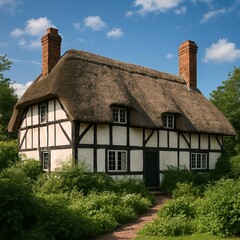 Village life, Traditional Thatched Cottage in the English Countryside.