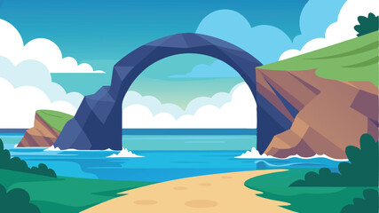 Naklejka premium Scenic landscape with natural rock arch over turquoise ocean and blue sky